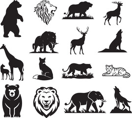 Naklejka premium Diverse African And Asian Wildlife Silhouettes In Black And White animals lion