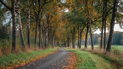 Curved Tree-Lined Autumn Road with Fallen Leaves Isolated on Transparent Background