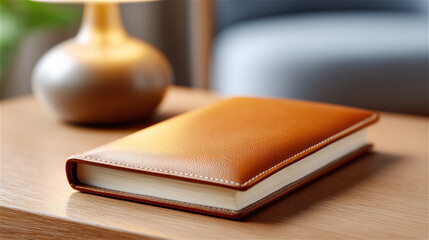 Leather notebook placed on wooden desk in warm natural light, symbolizing planning, creativity, productivity and personal organization in a calm, focused workspace environment.