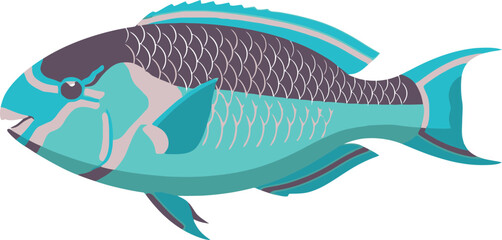 Stylized vector illustration showcasing a vibrant blue parrotfish against a dark backdrop