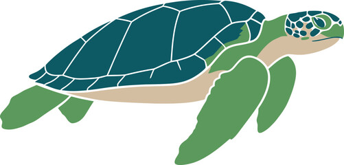 Vibrant cartoon sea turtle illustration with geometric shell and green flippers © dinny