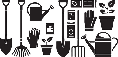 Gardening Tools and Supplies Silhouette Collection shovel rake © Osman