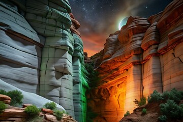 Dramatic canyon walls illuminated by colorful light under a starry sky