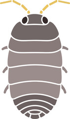 Whimsical woodlouse illustration with a playful aesthetic and gray tones against a stark black