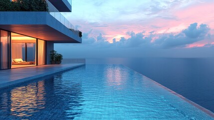 Obraz premium Infinity pool extends to ocean at dusk, building view with glowing light inside