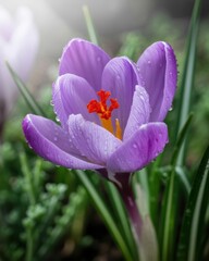 Purple crocus flower with water droplets and orange stamen