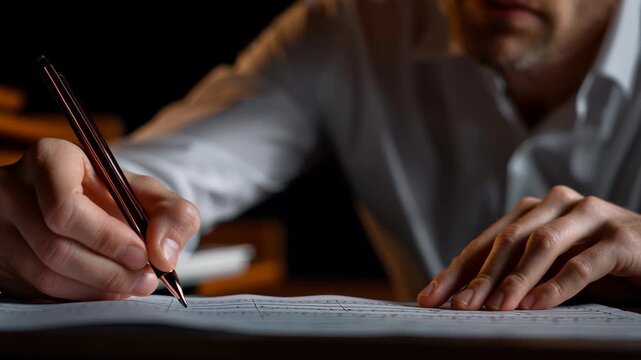 Man writing with pen on paper, focused hand creating detailed notes, careful writing and concentration in low light environment