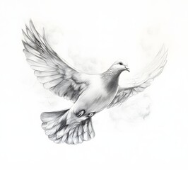 Obraz premium Pencil drawing of a dove in flight, symbolizing peace and freedom, isolated on white.