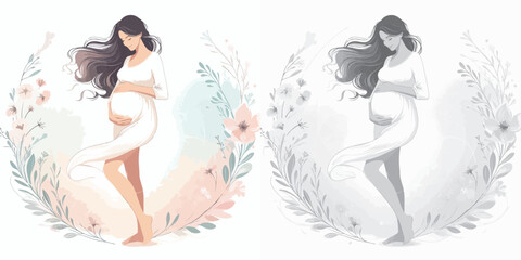 Vector set and shades of gray pregnant women on a white background