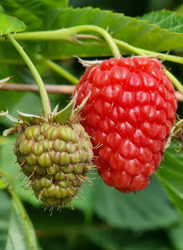 Close up of ripe and unripe raspberries on cane with soft natural light