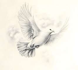 Fototapeta premium Pencil sketch of a white dove in flight, wings spread, symbolizing peace and freedom