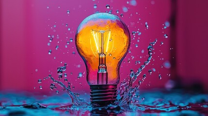 Lit lightbulb with water splash against a vivid magenta background
