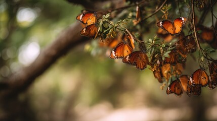 A cluster of butterflies resting on a tree branch, their wings gently fluttering in the breeze, forming a natural and harmonious scene.