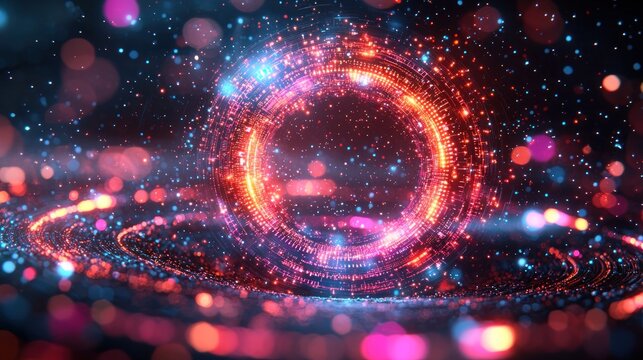 Luminous swirling circle of red-orange particles, with blue-purple bokeh background