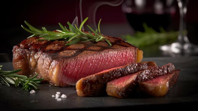 Juicy grilled steak with fresh rosemary and coarse salt dark surface, tender meat emitting steam and inviting warmth