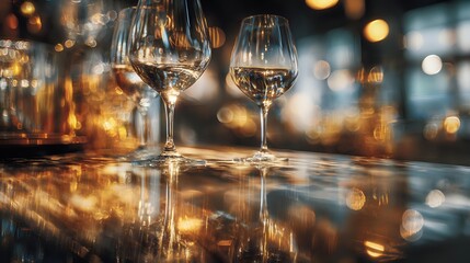 Elegant wine glasses on reflective bar counter with warm ambient lighting and bokeh background creating luxurious atmosphere for fine dining experience.