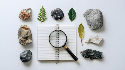 Top view scientific discovery science concept tools, rocks and leaves arranged neatly