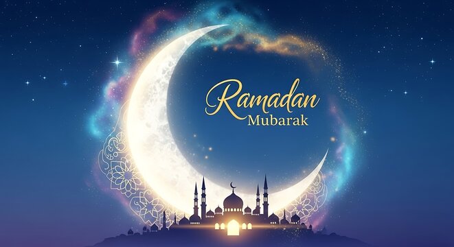 Ramadan mubarak celebration crescent moon and illuminated mosque at night