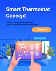 Smart thermostat concept home automation tablet control digital interface hand adjusting temperature modern living room plants blue gradient background