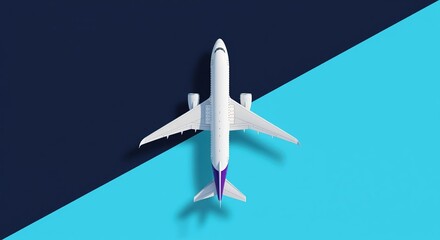White toy airplane on a split background of dark blue and light turquoise. Perfect for travel websites, airline promotions, vacation planning apps, or transportation concepts.