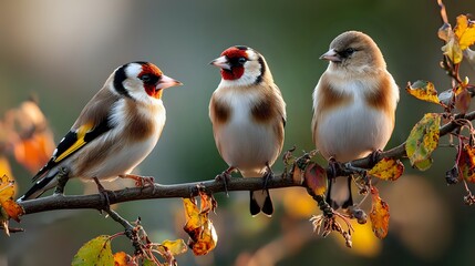 Fototapeta premium Three European goldfinches perched on autumn branch with colorful foliage, showcasing distinctive red face markings and yellow wing patches against blurred natural background.