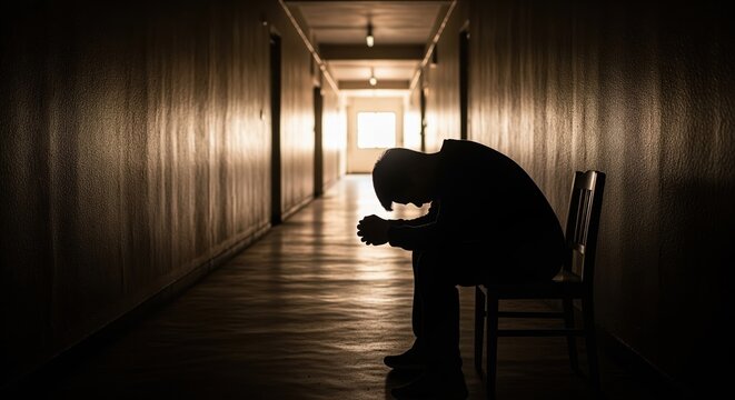 A person sits alone in a dimmed hallway with head bowed down showing sadness and despair. Perfect for mental health awareness, depression support materials, or emotional wellbeing content.