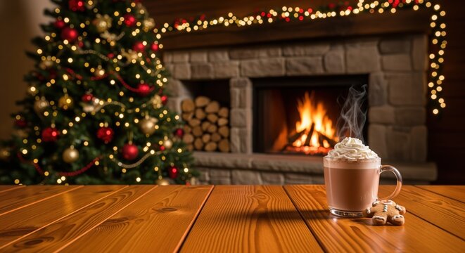 A cozy scene with hot chocolate on a wooden table. A Christmas tree with lights and a warm fireplace are in the background. Perfect for holiday cards, seasonal ads, and festive designs. - Powered by Adobe