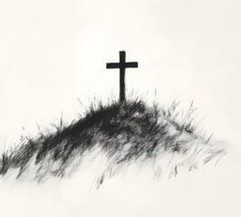 Charcoal drawing of a solitary cross on a grassy hill against a plain background.