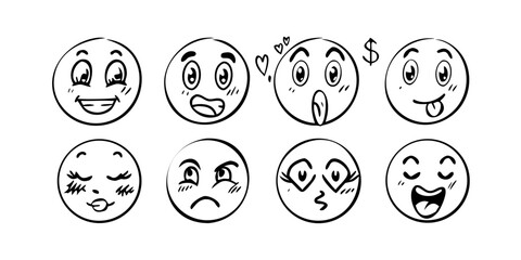 Hand drawn doodle emoji set with expressive faces expression