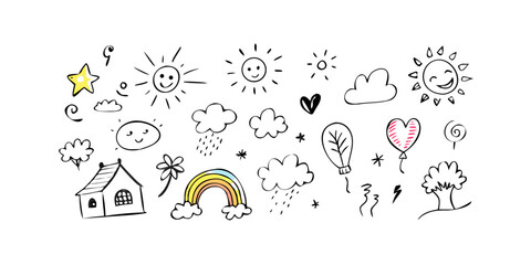 Hand Drawn Doodle Elements Yellow Star Rainbow House