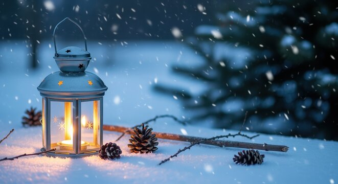 White lantern glowing warmly in snowy winter scene with pine cones and evergreen branches. Snowflakes fall gently creating peaceful holiday atmosphere. Perfect for seasonal cards or decor.