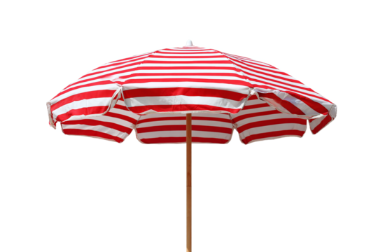 Red and white striped beach umbrella, open, isolated on transparent background