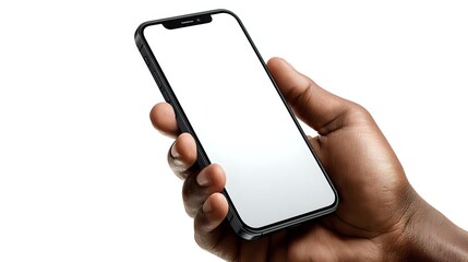 Black male hand holding modern smartphone with blank white screen for app or website mockup presentation.