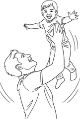 Playful Father Lifting Son in Air – Linear Family Sketch.