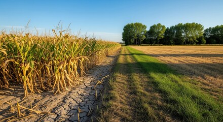 Agricultural field shows dried corn crops beside grassy path leading to distant trees. Perfect for farming, harvest season, rural life, and countryside themes in editorial projects.
