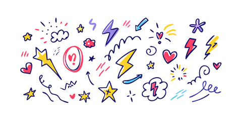 Hand drawn doodle elements with lightning stars and hearts