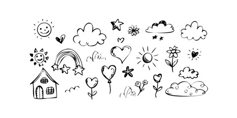 Hand Drawn Doodle Elements White Ink black background