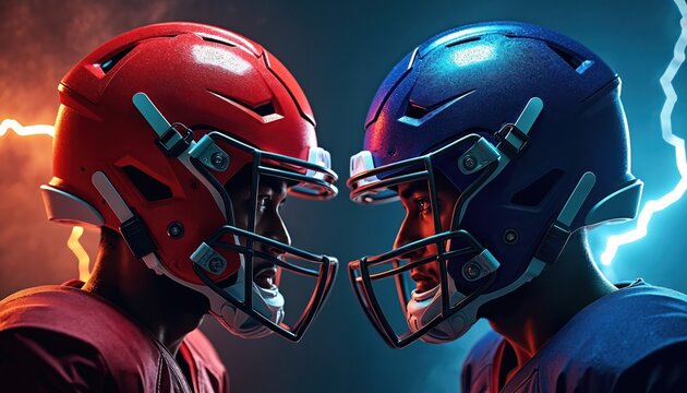 Two football helmets face each other in intense confrontation. One helmet is red and another is blue. The image represents sports rivalry and competitive game spirit. - Powered by Adobe