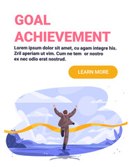 Goal achievement business success winner crossing finish line arms raised celebrating victory abstract landscape website banner