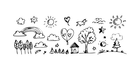 Hand Drawn Doodle Elements Nature Sky Objects illustration