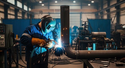 A welder works on a large metal pipe in an industrial workshop. Bright sparks fly as he performs welding work. The factory setting shows equipment and machinery in the background.