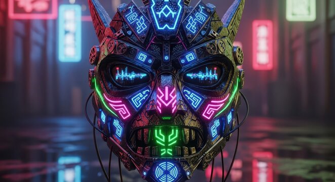 Intricate demonic mask featuring glowing neon circuitry illuminates a dark, wet urban setting