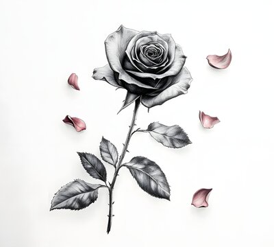 Delicate rose illustration with falling petals on white background