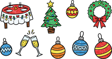 Naive Crayon Sketch Christmas Party Elements.