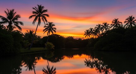 Stunning tropical sunset with palm trees silhouetted against colorful sky. Water reflects orange and pink hues. Perfect for travel content, vacation themes, or relaxation concepts.
