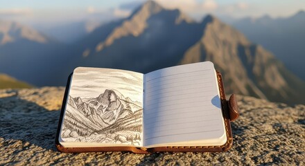 Sketchbook rests open on sunlit rock displaying a hand drawn mountain landscape against a vast natural backdrop