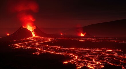 Volcano erupting at night with glowing lava flows streaming down the mountainside. Bright red and orange molten rock creates dramatic patterns. Perfect for natural disaster themes.
