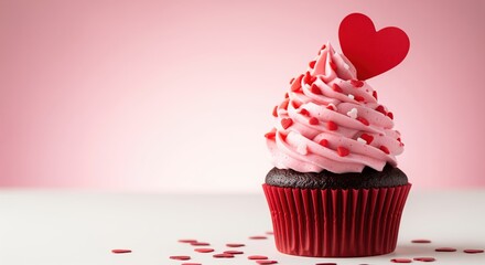 Chocolate cupcake with pink frosting and red heart topper. Small candy hearts scattered around the base. Perfect for Valentine's Day treats, romantic celebrations, or bakery displays.