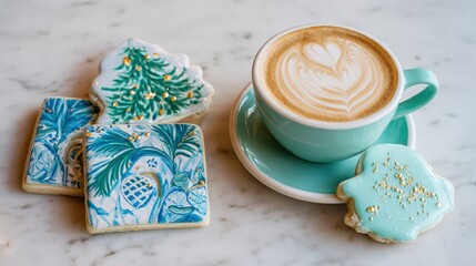 Ornate iced cookies accompany a professionally prepared latte on a marble surface