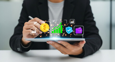 Digital finance concept with a businessman managing investments and financial security on a modern tablet, showing growth, secure transactions, and banking.